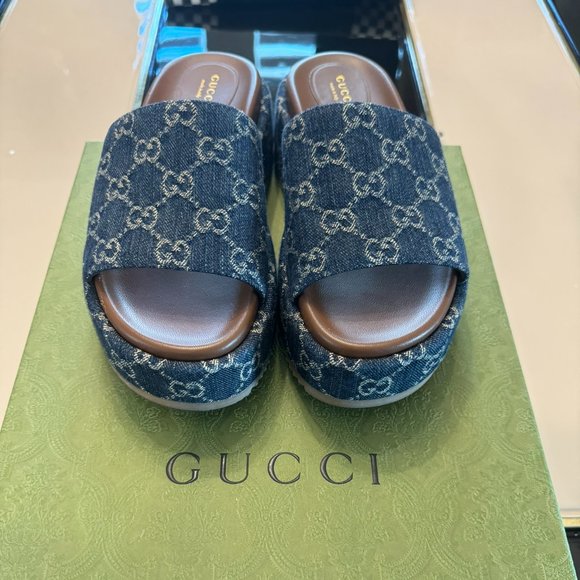 Gucci Angelina Platform Slide Sandals Denim GG Delave Blue Tea EU 38.5 US 8.5 - Picture 4 of 5